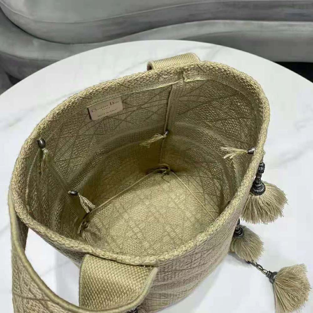 Dior Women D-bubble Bucket Bag Beige Cannage Embroidery with Straw Effect