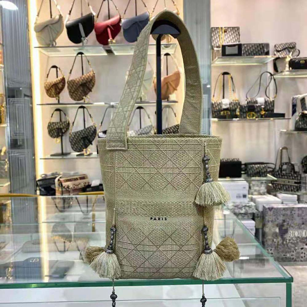 Dior Women D-bubble Bucket Bag Beige Cannage Embroidery with Straw Effect
