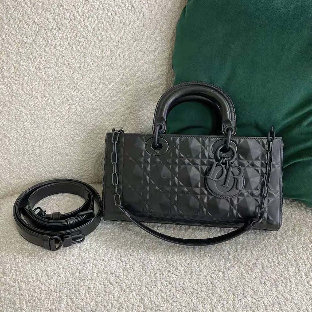 dior women lady d-joy bag black cannage calfskin with Di*m*nd motif