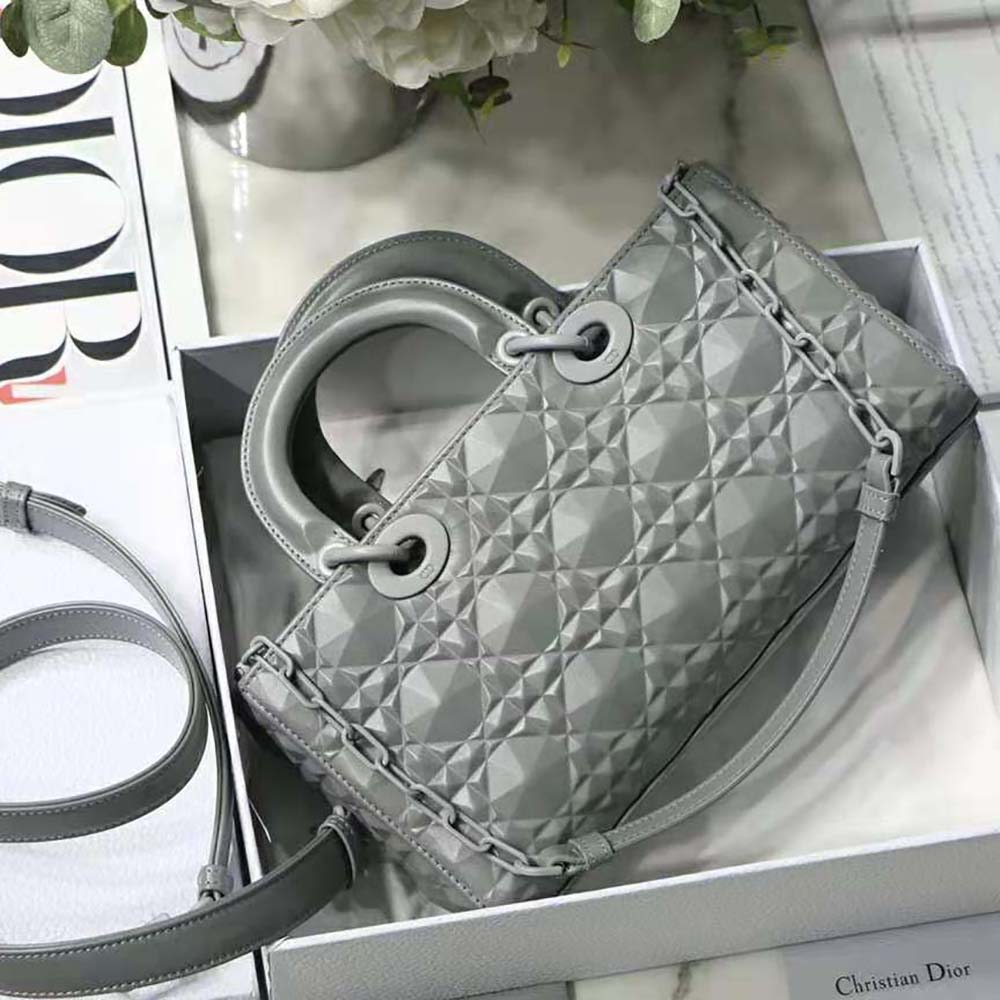 dior women lady d-joy bag gray cannage calfskin with Di*m*nd motif