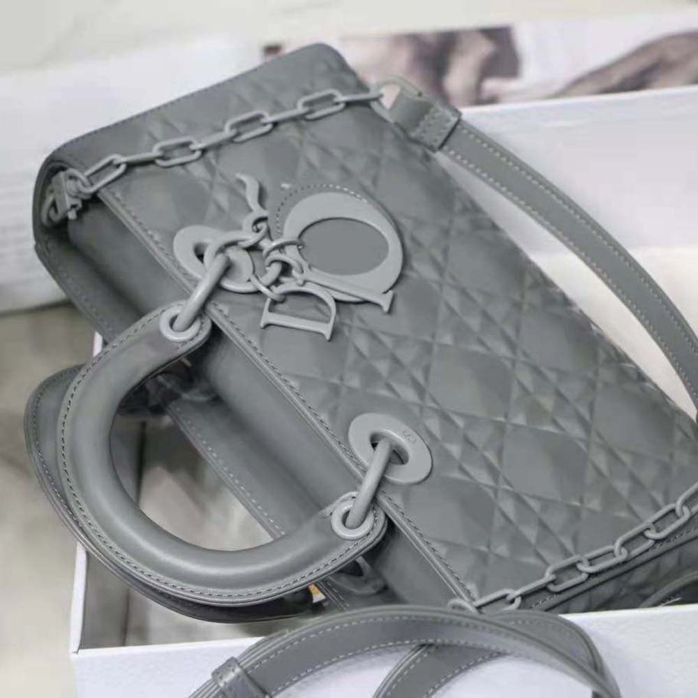 dior women lady d-joy bag gray cannage calfskin with Di*m*nd motif