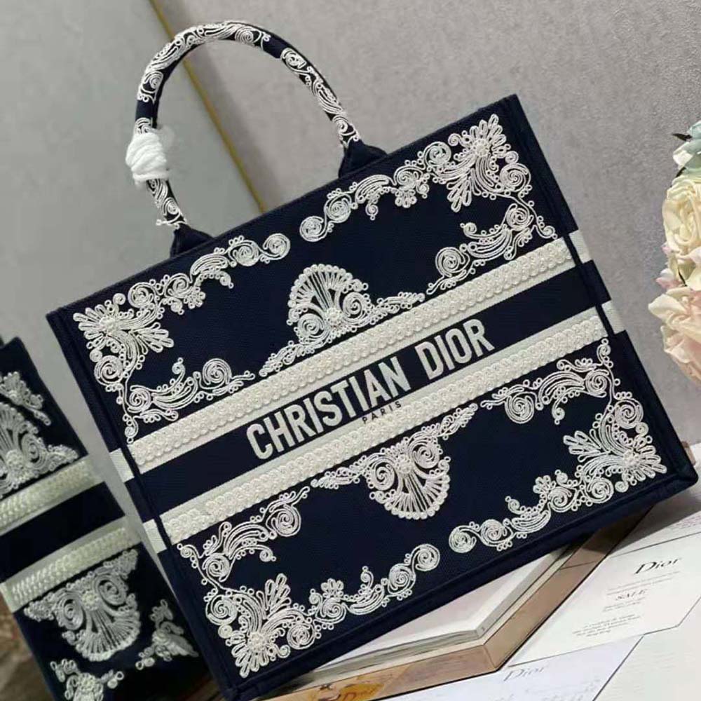 Dior Women Large Dior Book Tote Blue and White Cornely-Effect Embroidery