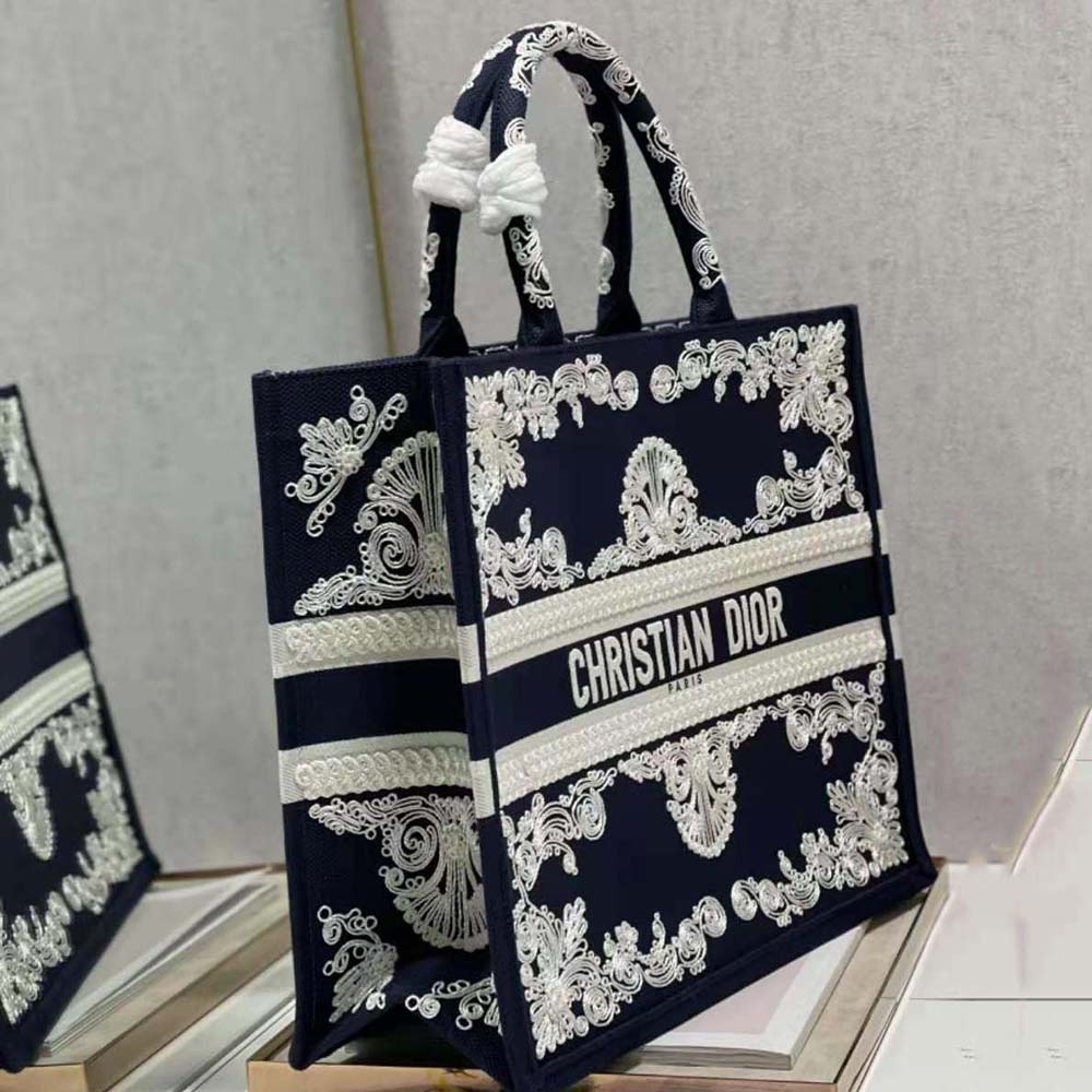 Dior Women Large Dior Book Tote Blue and White Cornely-Effect Embroidery