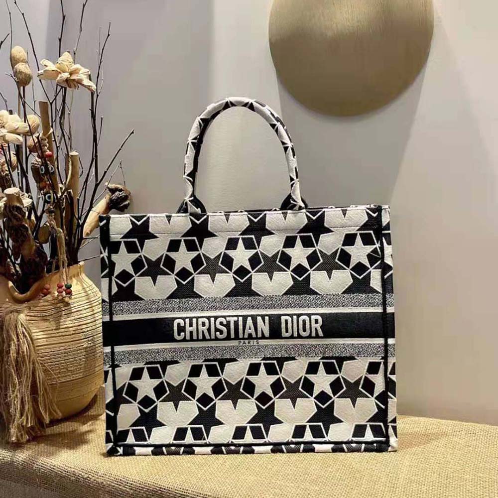 Dior Women Large Dior Book Tote Blue and White Dior Etoile Embroidery