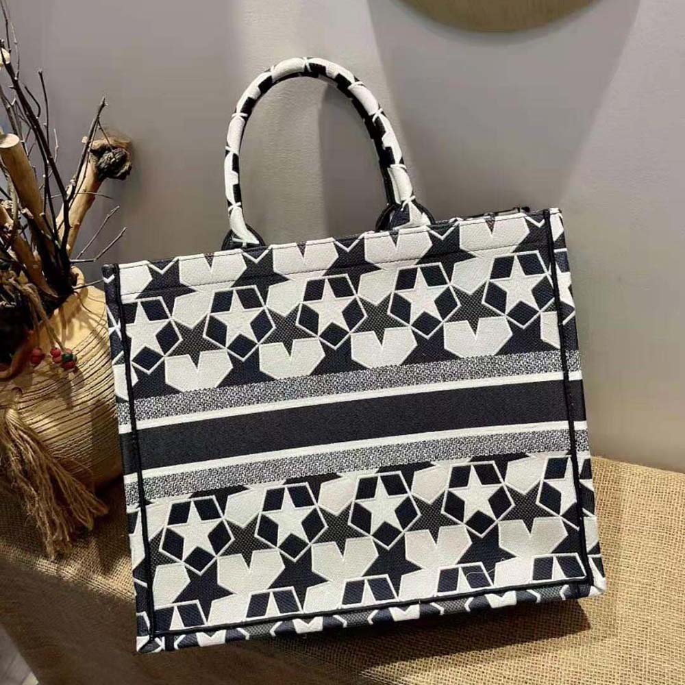 Dior Women Large Dior Book Tote Blue and White Dior Etoile Embroidery