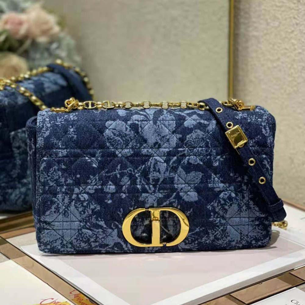 Dior Women Large Dior Caro Bag Blue Dior Flowers Cannage Denim