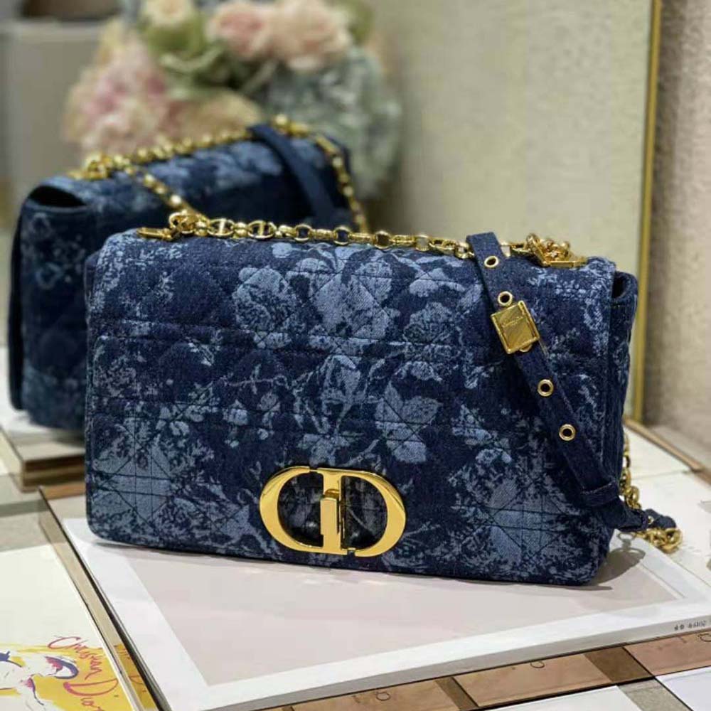 Dior Women Large Dior Caro Bag Blue Dior Flowers Cannage Denim