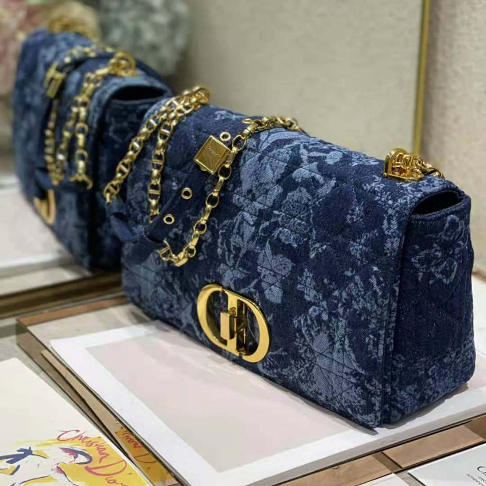 Dior Women Large Dior Caro Bag Blue Dior Flowers Cannage Denim