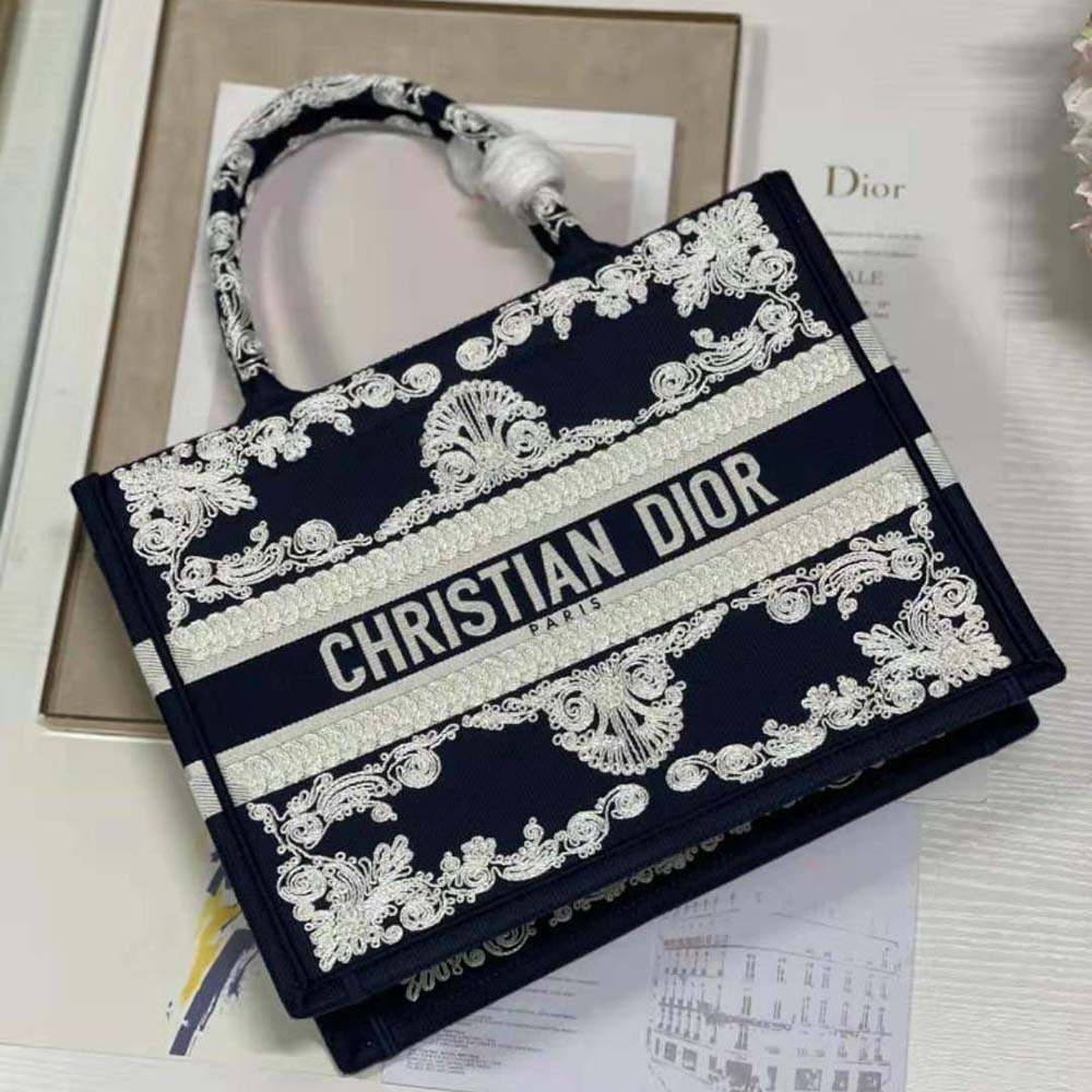 Dior Women Medium Dior Book Tote Blue Cornely-Effect Embroidered Calfskin