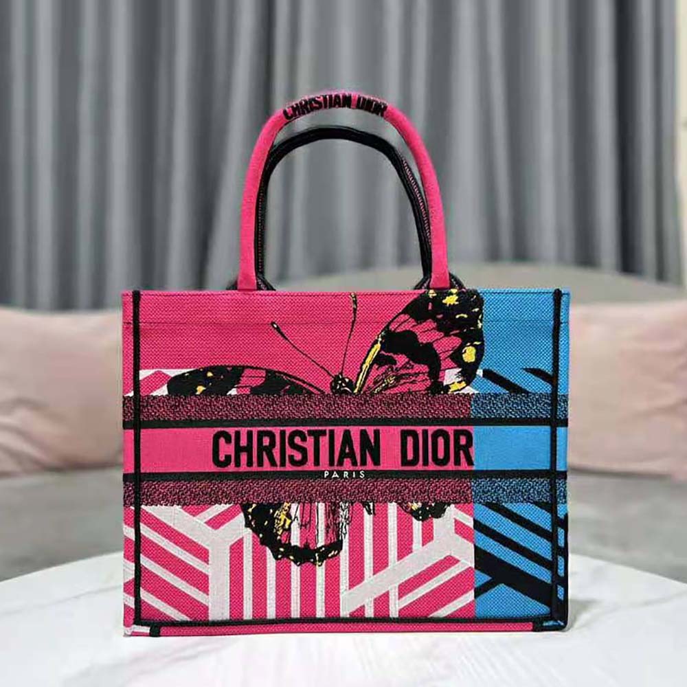 Dior Women Medium Dior Book Tote Bright Blue and Pink D-Jungle Pop Embroidery