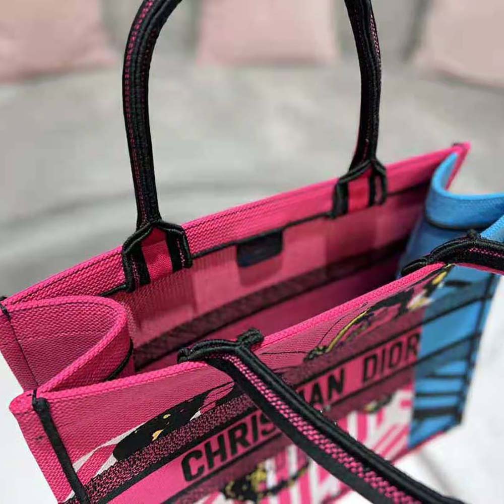 Dior Women Medium Dior Book Tote Bright Blue and Pink D-Jungle Pop Embroidery