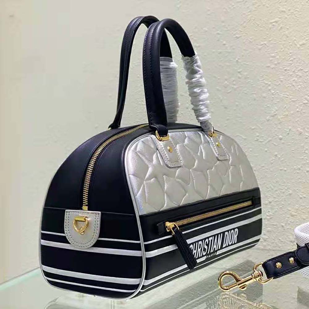 Dior Women Medium Dior Vibe Zip Bowling Bag Black and Silver Padded Dior Etoile Calfskin
