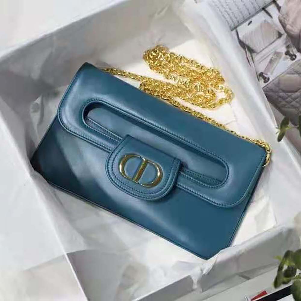Dior Women Medium Diordouble Bag Deep Ocean Blue Smooth Calfskin
