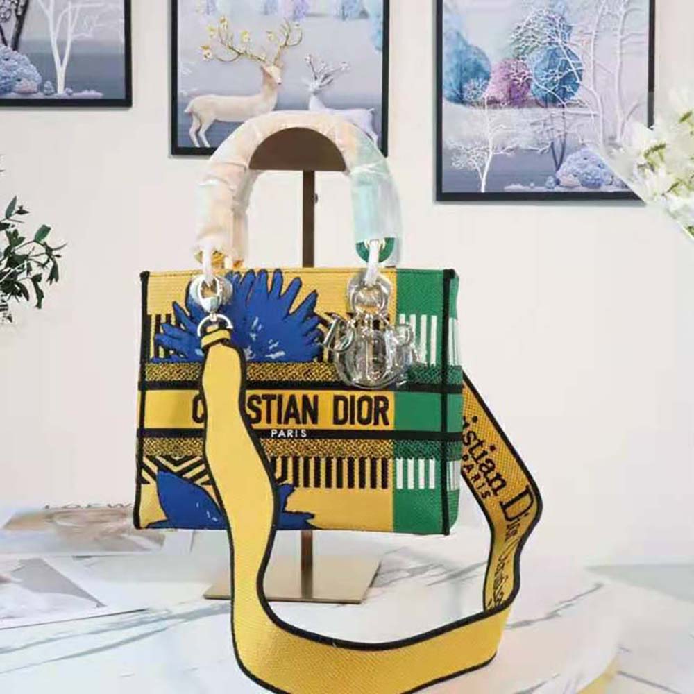 Dior Women Medium Lady D-lite Bag Bright Yellow and Green D-Flower Pop Embroidery