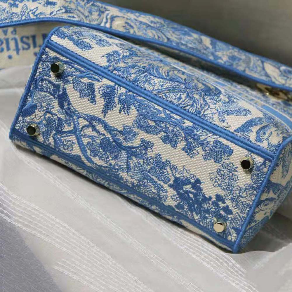 Dior Women Small Dior Book Tote Cornflower Blue Dior Oblique Embroidery