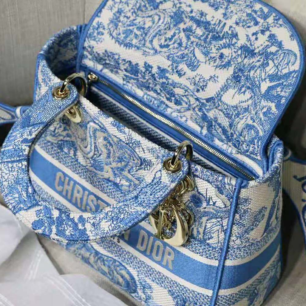 Dior Women Small Dior Book Tote Cornflower Blue Dior Oblique Embroidery