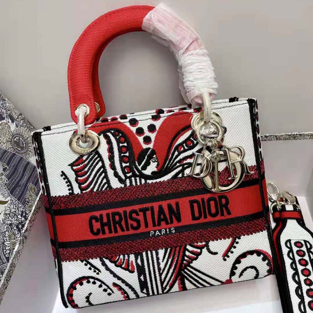 Dior Women Medium Lady D-lite Bag Latte Multicolor Cupidon Embroidery
