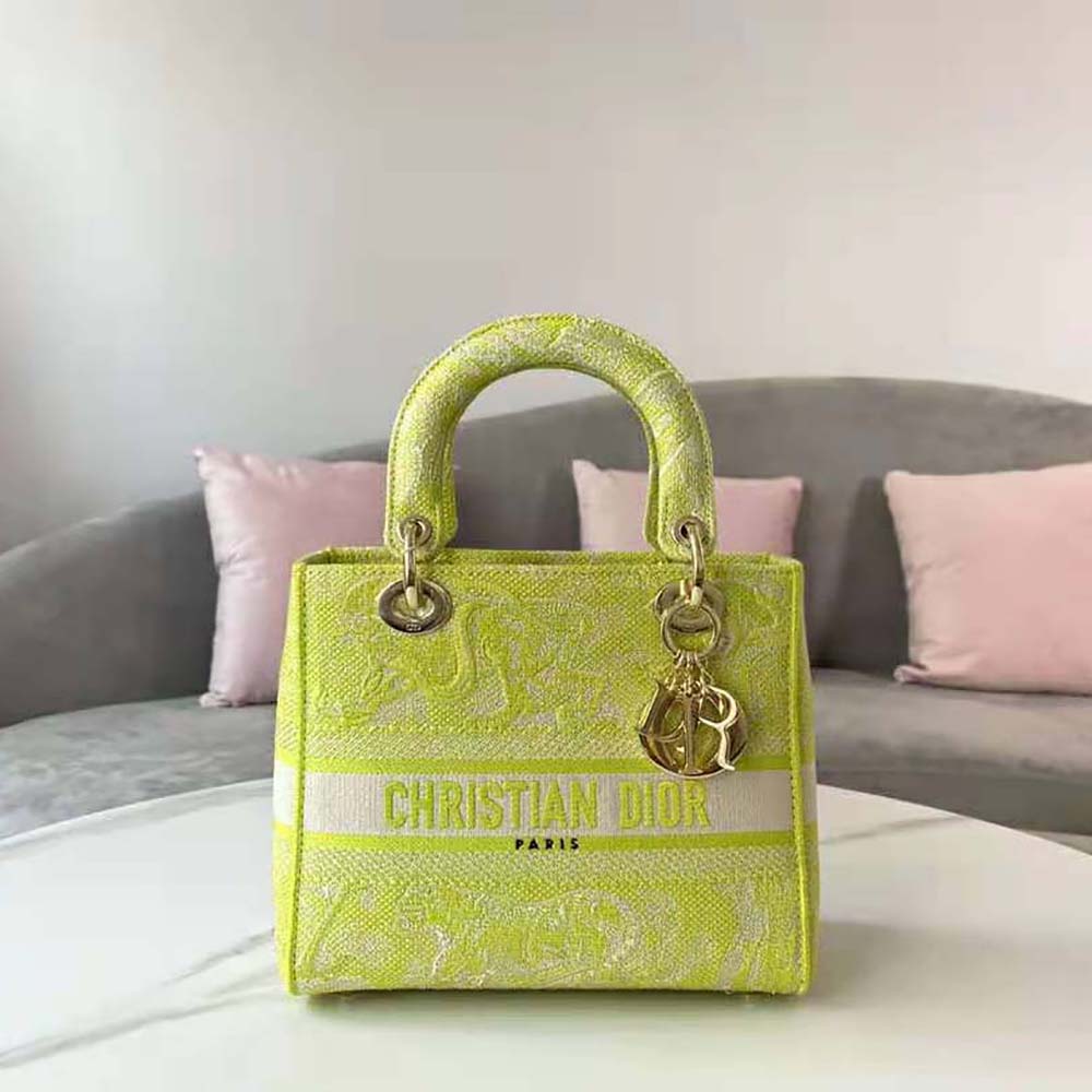Dior Women Medium Lady D-lite Bag Lime Toile De Jouy Reverse Embroidery