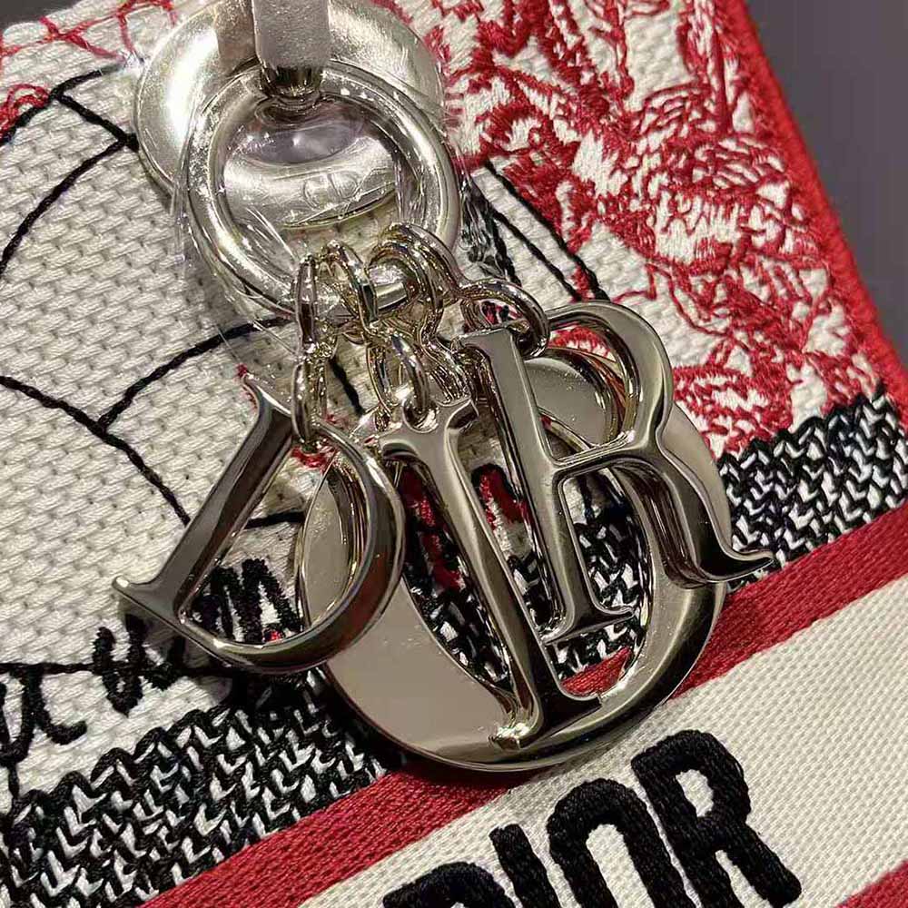 Dior Women Medium Lady D-lite Bag Red and White D-Royaume D Amour Embroidery