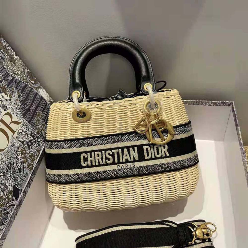 Dior Women Medium Lady Dior Bag Natural Wicker and Blue Dior Oblique Jacquard
