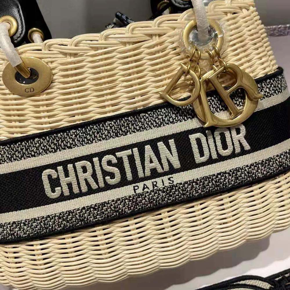 Dior Women Medium Lady Dior Bag Natural Wicker and Blue Dior Oblique Jacquard