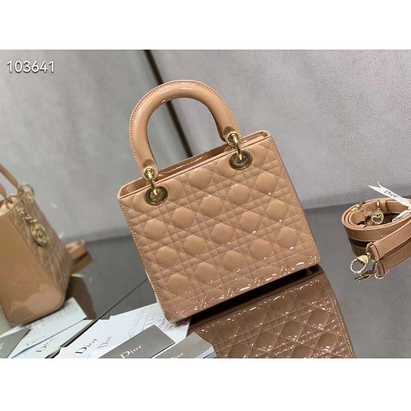 Dior Women Medium Lady Dior Bag Rose Des Vents Patent Cannage Calfskin