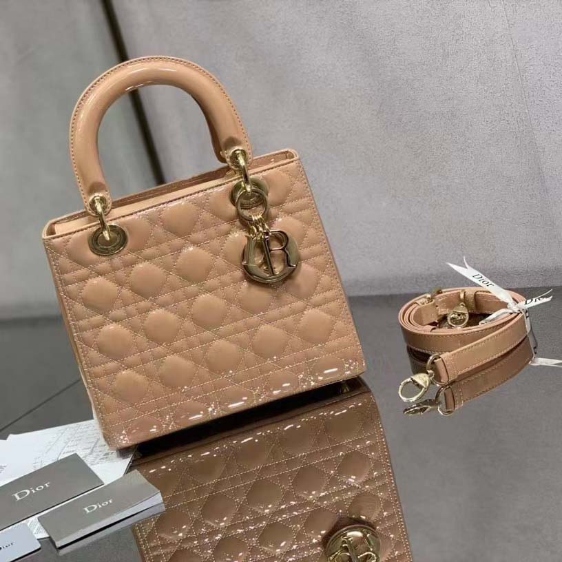 Dior Women Medium Lady Dior Bag Rose Des Vents Patent Cannage Calfskin