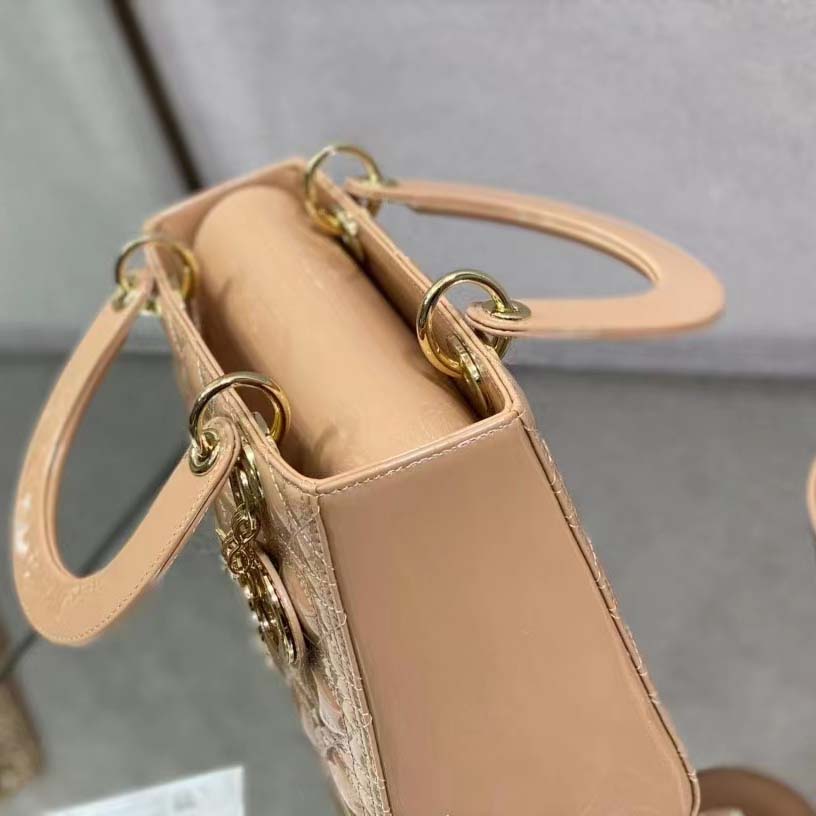 Dior Women Medium Lady Dior Bag Rose Des Vents Patent Cannage Calfskin