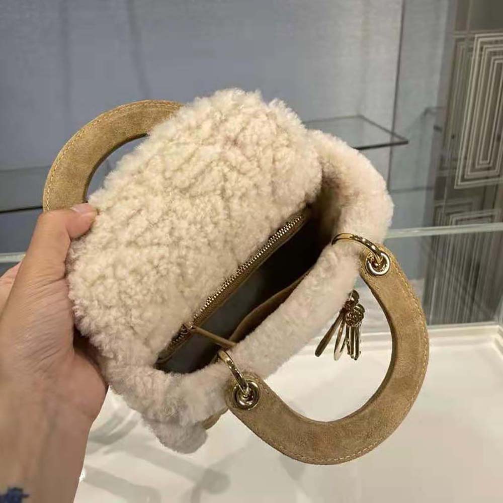 Dior Women Mini Lady Dior Bag Camel-Colored Cannage Shearling