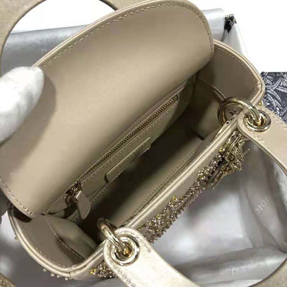 Dior Women Mini Lady Dior Bag Metallic Cannage Calfskin Platinum Beaded Embroidery