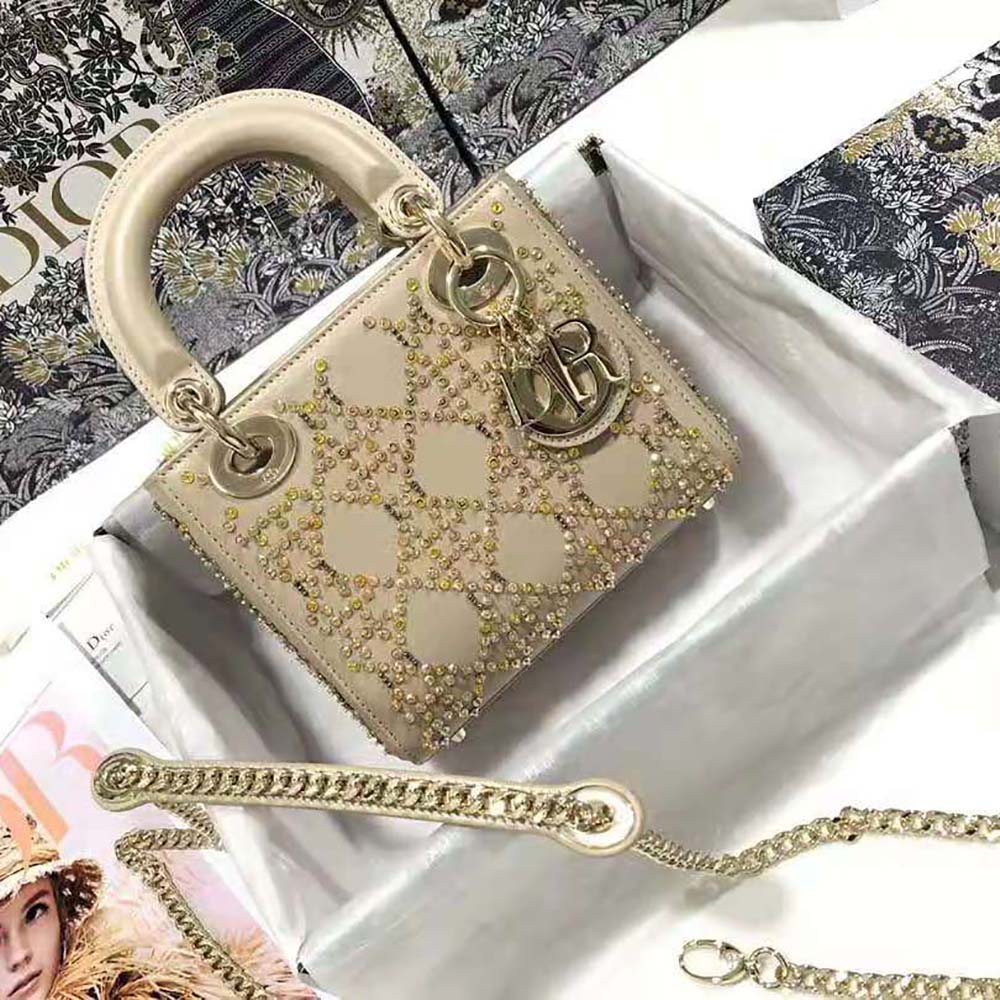Dior Women Mini Lady Dior Bag Metallic Cannage Calfskin Platinum Beaded Embroidery