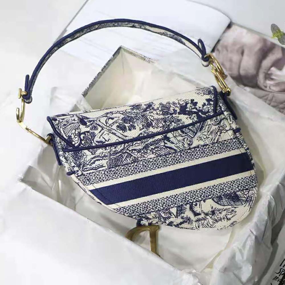 Dior Women Saddle Bag Blue Toile De Jouy Embroidery