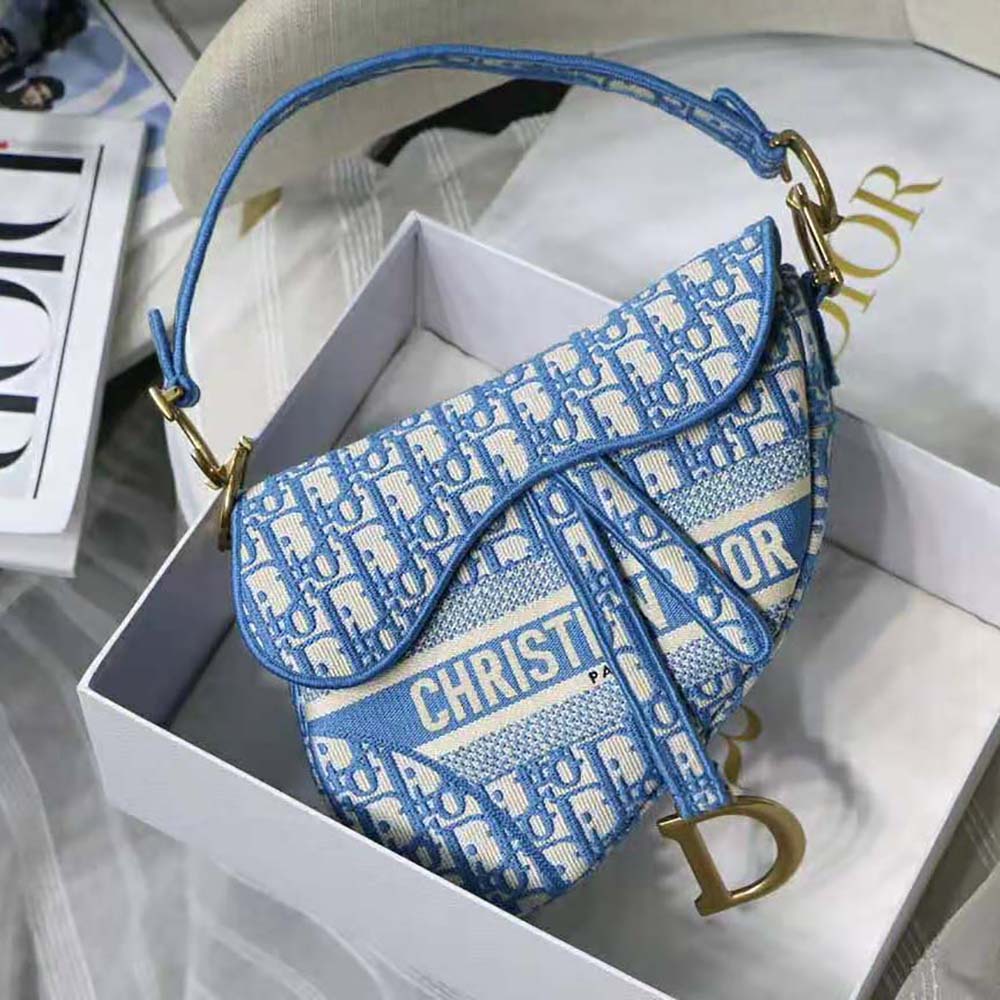 Dior Women Saddle Bag Cornflower Blue Dior Oblique Embroidery