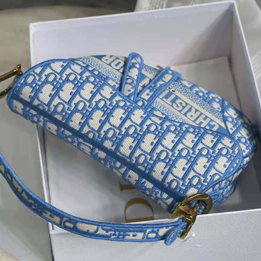 Dior Women Saddle Bag Cornflower Blue Dior Oblique Embroidery