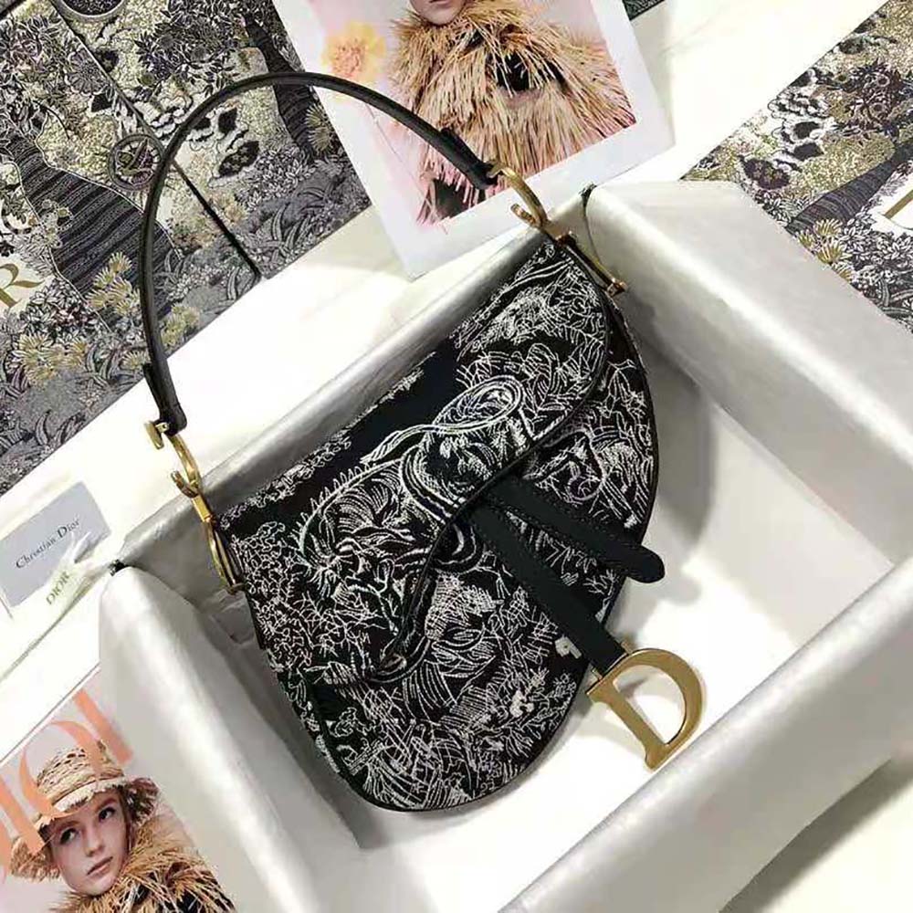 Dior Women Saddle Bag Toile DE Jouy Reverse Jacquard-Black