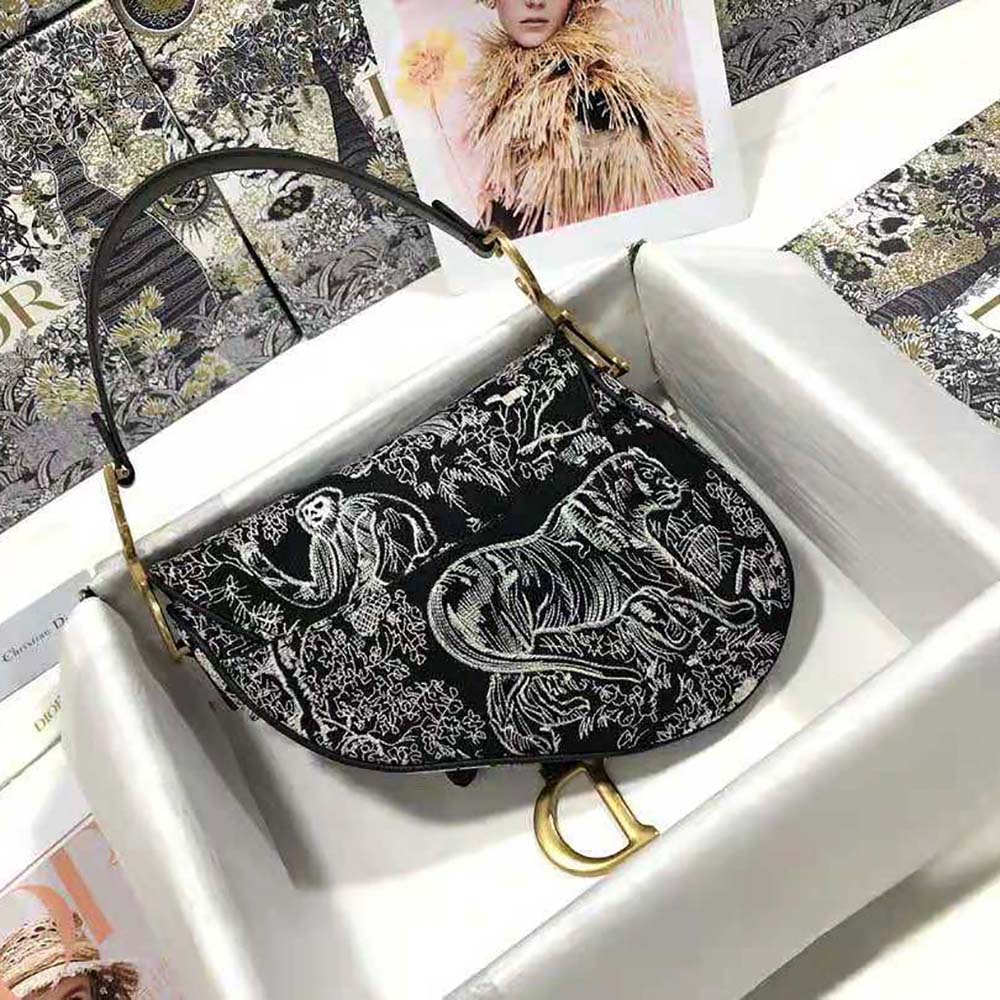Dior Women Saddle Bag Toile DE Jouy Reverse Jacquard-Black