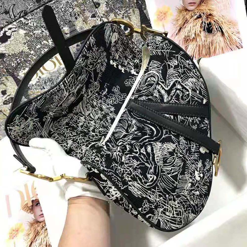 Dior Women Saddle Bag Toile DE Jouy Reverse Jacquard-Black