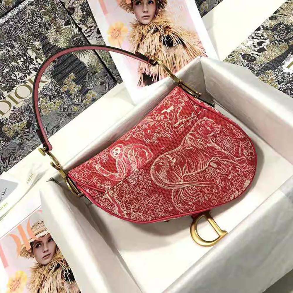 Dior Women Saddle Bag Toile DE Jouy Reverse Jacquard-Red