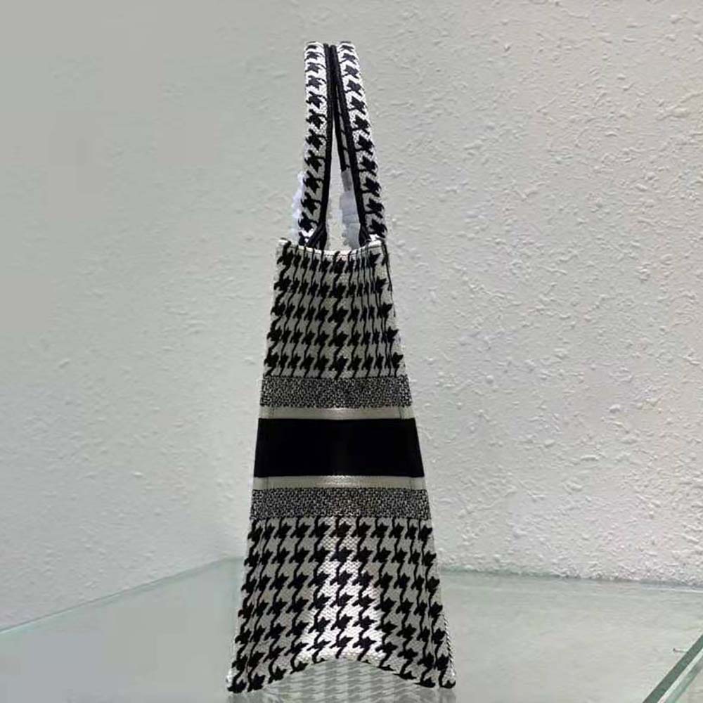 Dior Women Small Dior Book Tote Black and White Houndstooth Embroidery