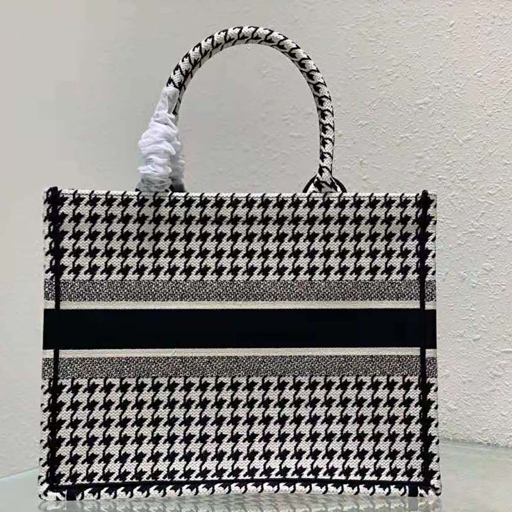 Dior Women Small Dior Book Tote Black and White Houndstooth Embroidery