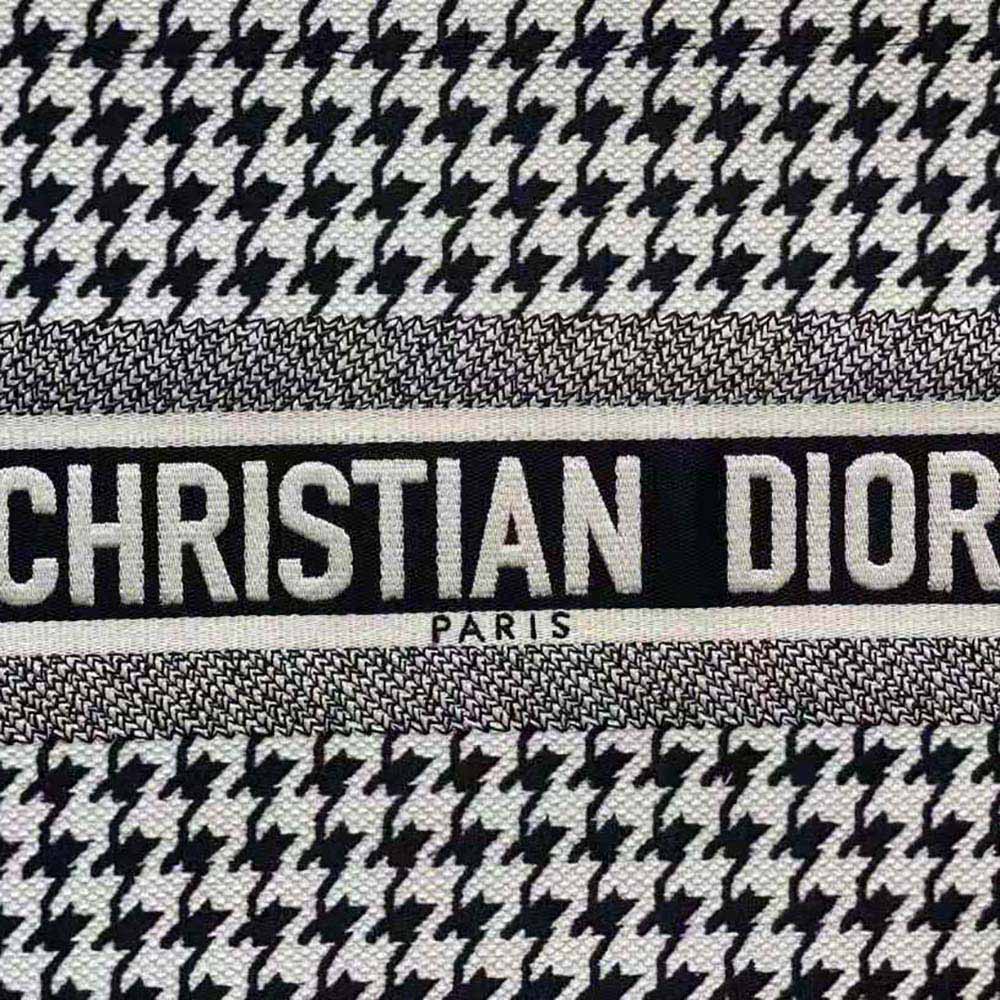 Dior Women Small Dior Book Tote Black and White Houndstooth Embroidery