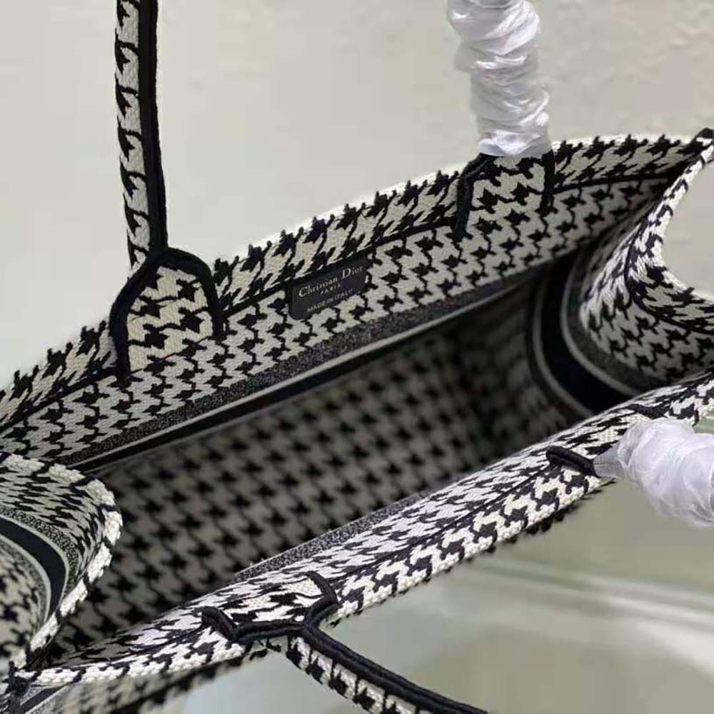 Dior Women Small Dior Book Tote Black and White Houndstooth Embroidery
