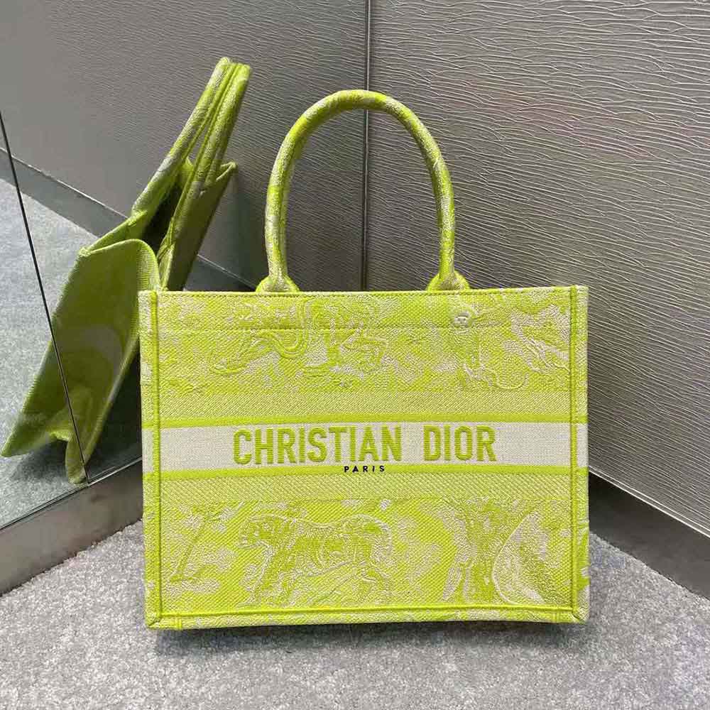 Dior Women Small Dior Book Tote Lime Toile De Jouy Reverse Embroidery