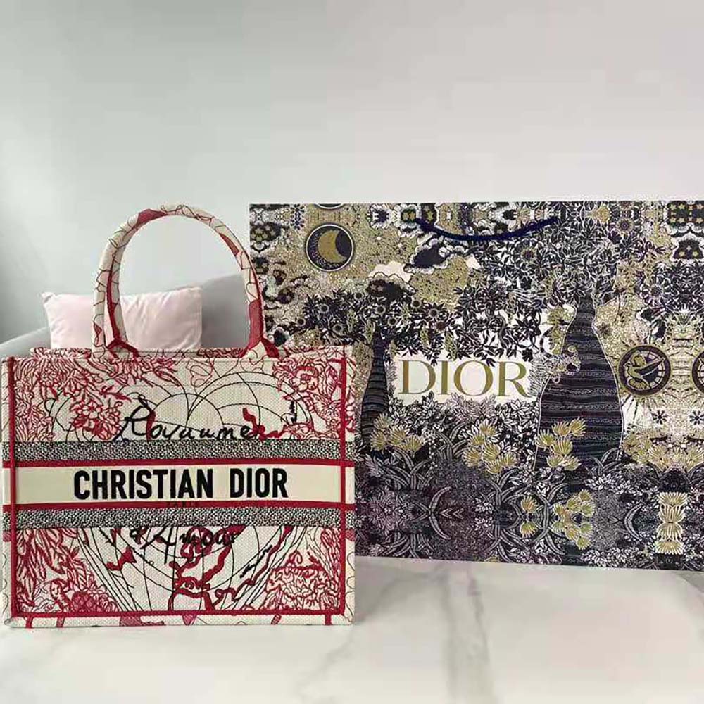 Dior Women Small Dior Book Tote Red and White D-Royaume D Amour Embroidery