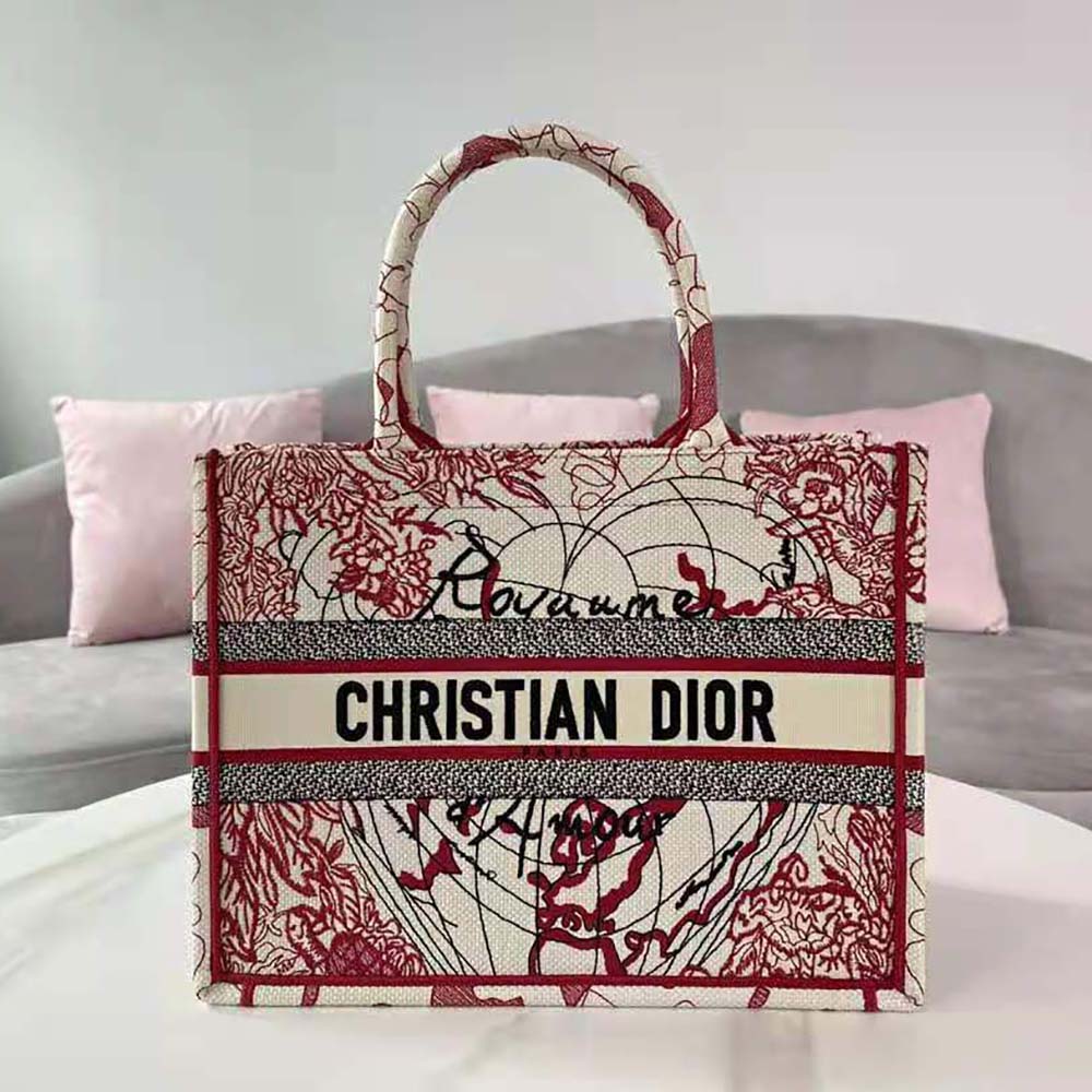 Dior Women Small Dior Book Tote Red and White D-Royaume D Amour Embroidery