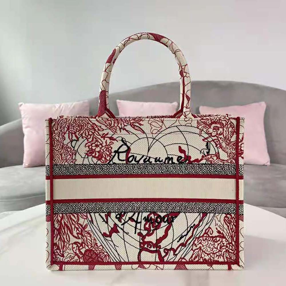 Dior Women Small Dior Book Tote Red and White D-Royaume D Amour Embroidery