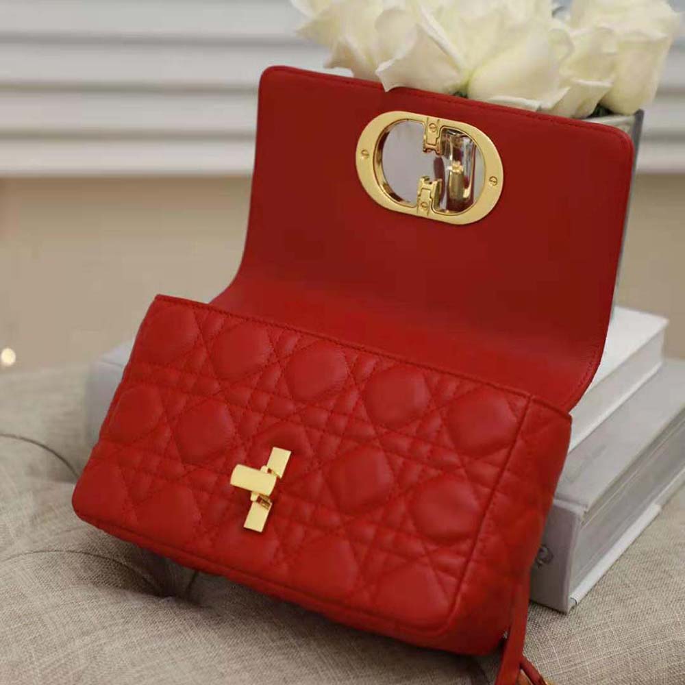 Dior Women Small Dior Caro Bag Supple Cannage Calfskin-Red
