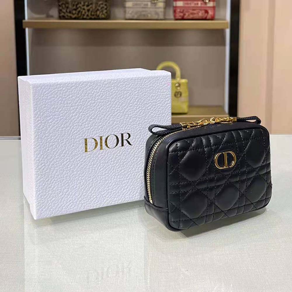Dior Women Small Dior Caro Zipped Pouch Black Cannage Lambskin