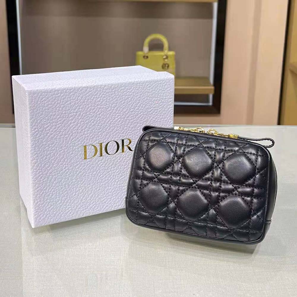 Dior Women Small Dior Caro Zipped Pouch Black Cannage Lambskin