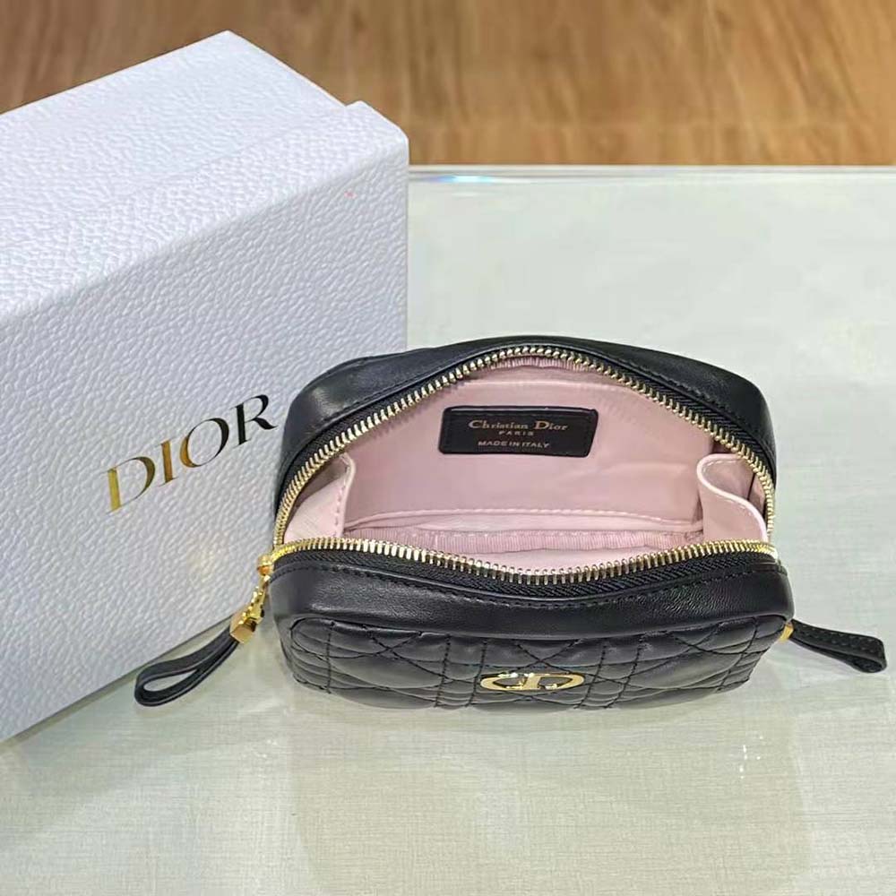 Dior Women Small Dior Caro Zipped Pouch Black Cannage Lambskin